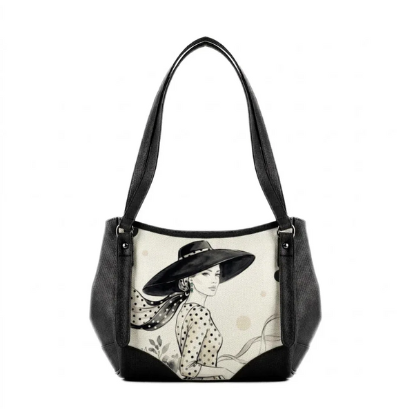 Black Leather Tote Bag Luxury Black and Ivory Polka Dot - 1