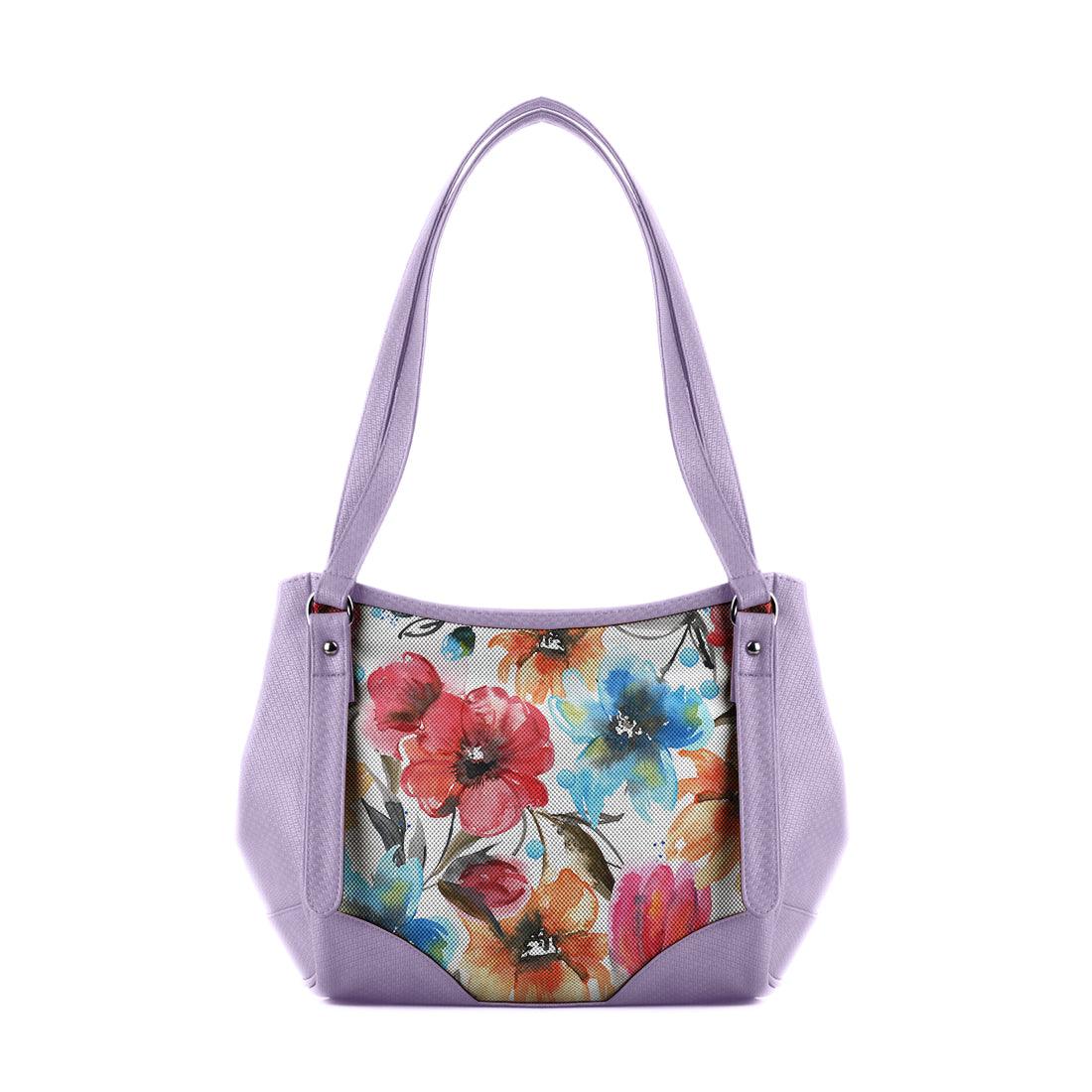 Lavender Leather Tote Bag White Floral - CANVAEGYPT