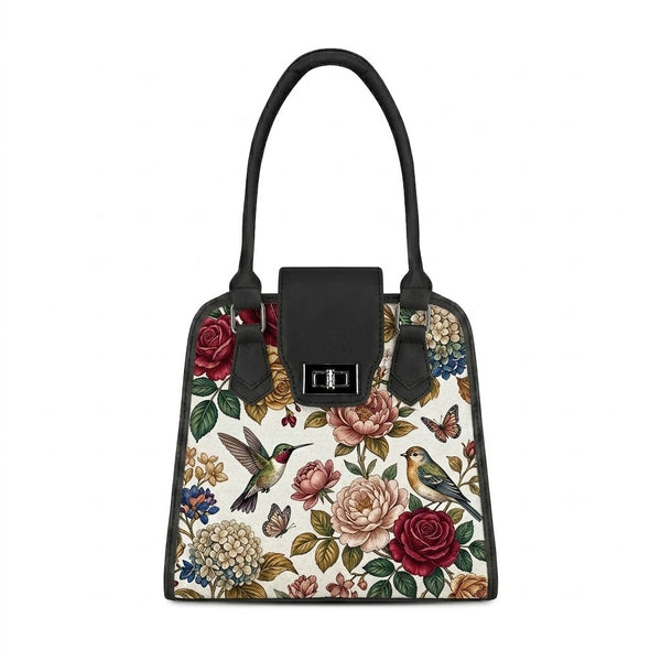 Black Metropolitan Charm Bag Vintage Floral Birds Printed
