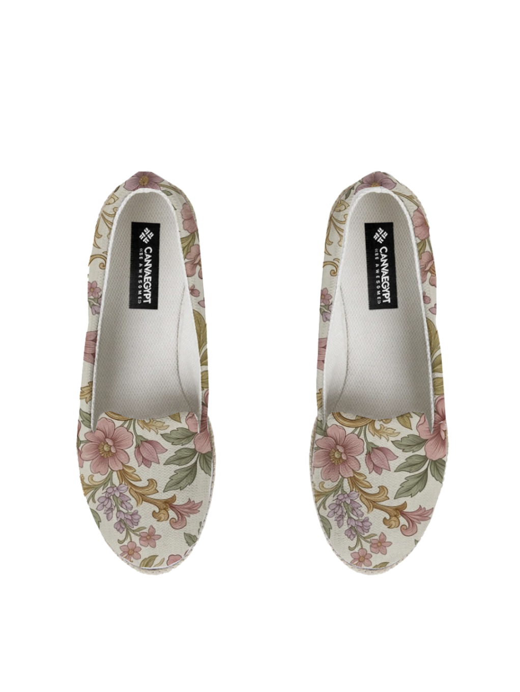 A pair of canvas Nook Espadrille shoes decorated with a vintage-inspired botanical pattern of pink flowers and green leaves on a cream background.