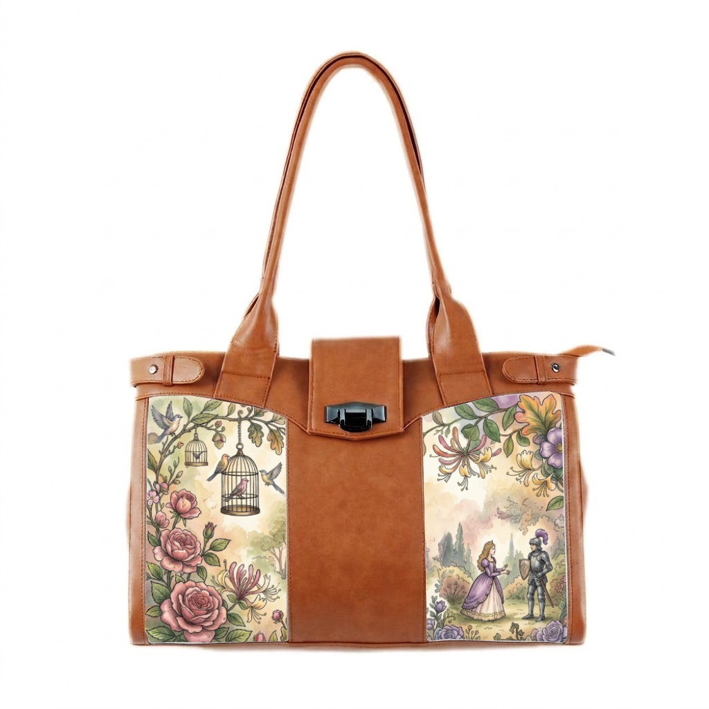 A brown leather-style tote bag with panels featuring a fairytale illustration of a princess and knight in a garden with roses and birds in cages.