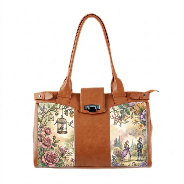 A brown leather-style tote bag with panels featuring a fairytale illustration of a princess and knight in a garden with roses and birds in cages.