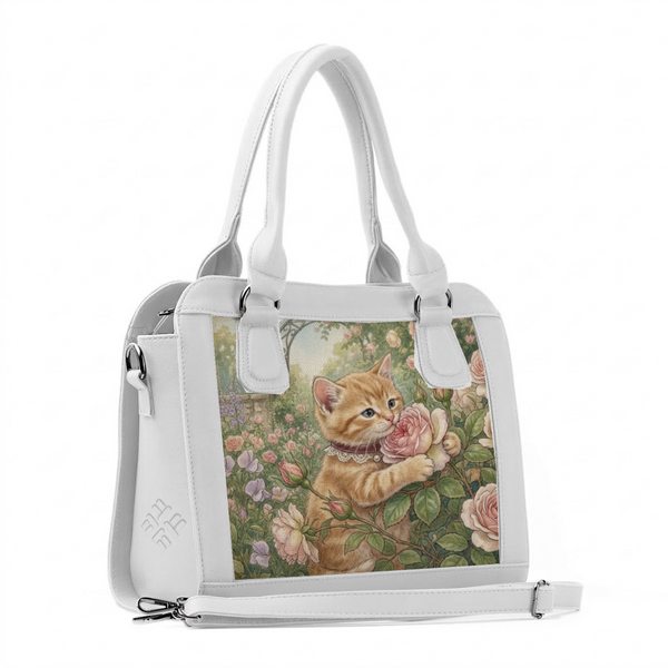 White Travel Hobo Bag Vintage Cottagecore Kitten Soft Floral Aesthetic - 1