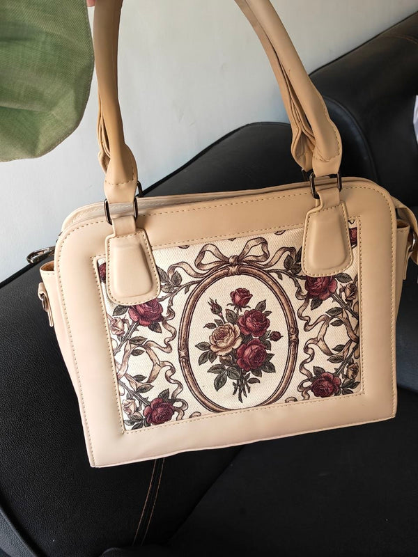 Beige Travel Hobo Bag Victorian Baroque Rose