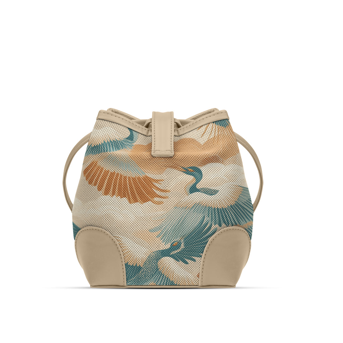 Beige Bucket Bag Featuring Elegant Crane Flight