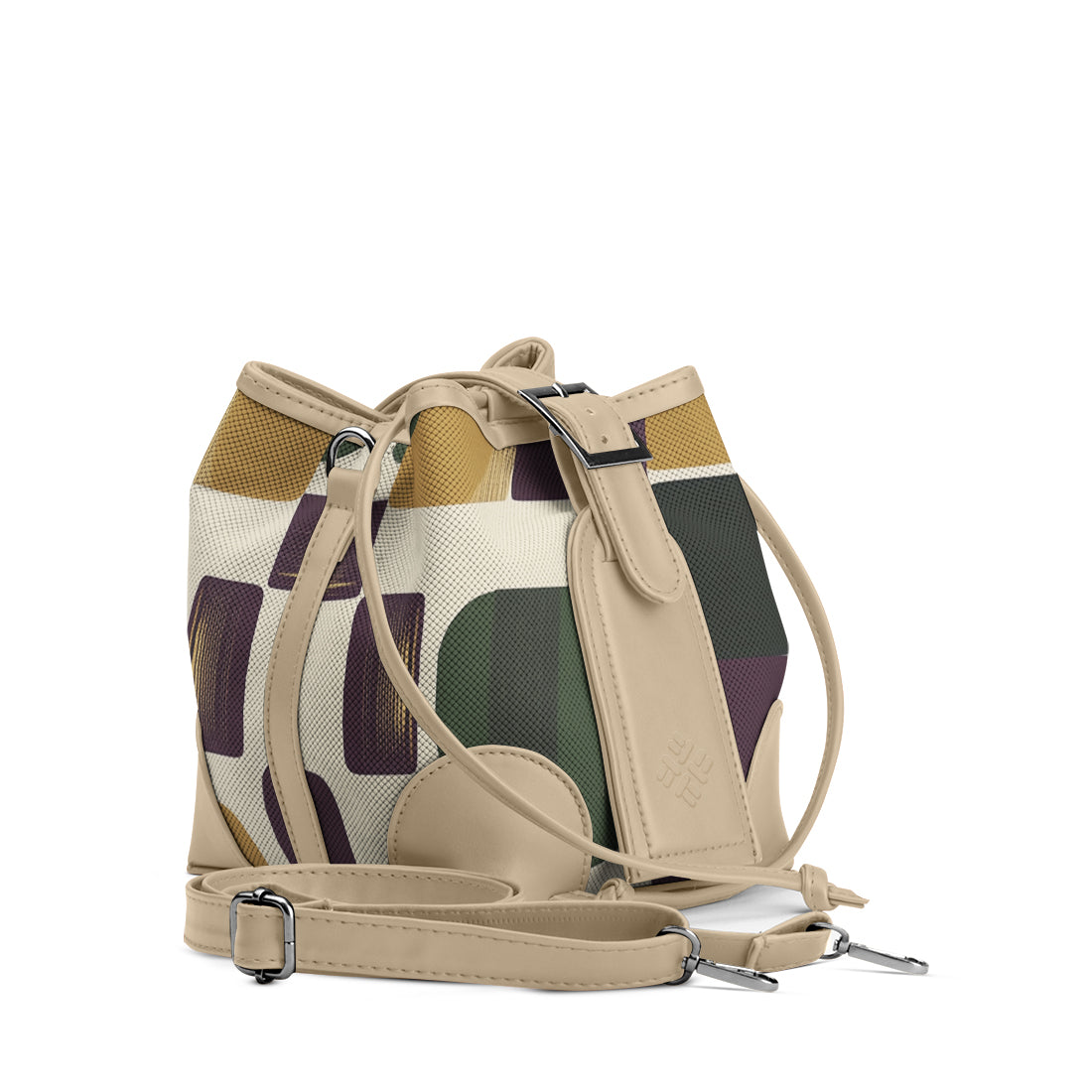 Beige Bucket Bag with Retro Geometric Blocks