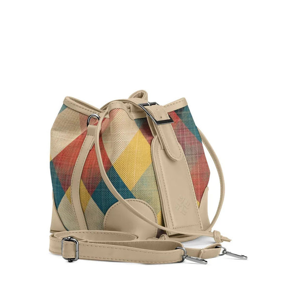 Beige Bucket Bag with Colorful Argyle Charm - 1
