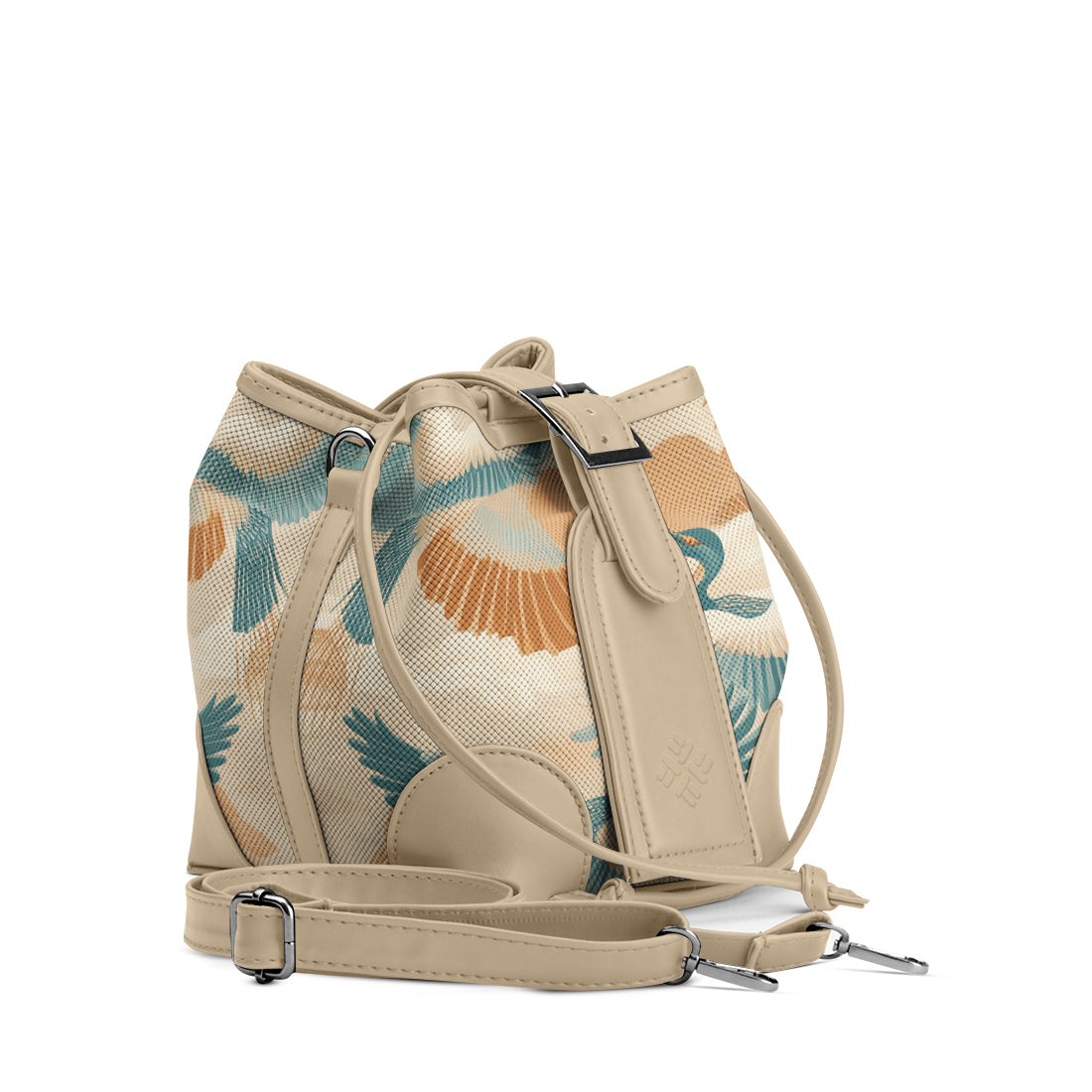Beige Bucket Bag Featuring Elegant Crane Flight