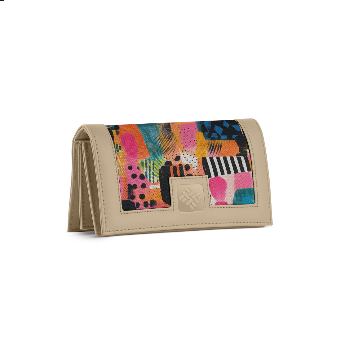 Beige Sleek Elegance Fold Wallet in Whimsical Patchwork Delight