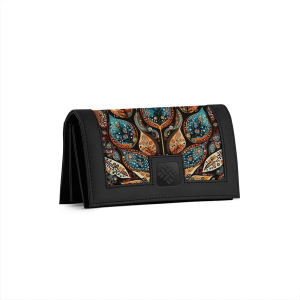 Black Sleek Elegance Fold Wallet Featuring Ornate Paisley Leaves - 1
