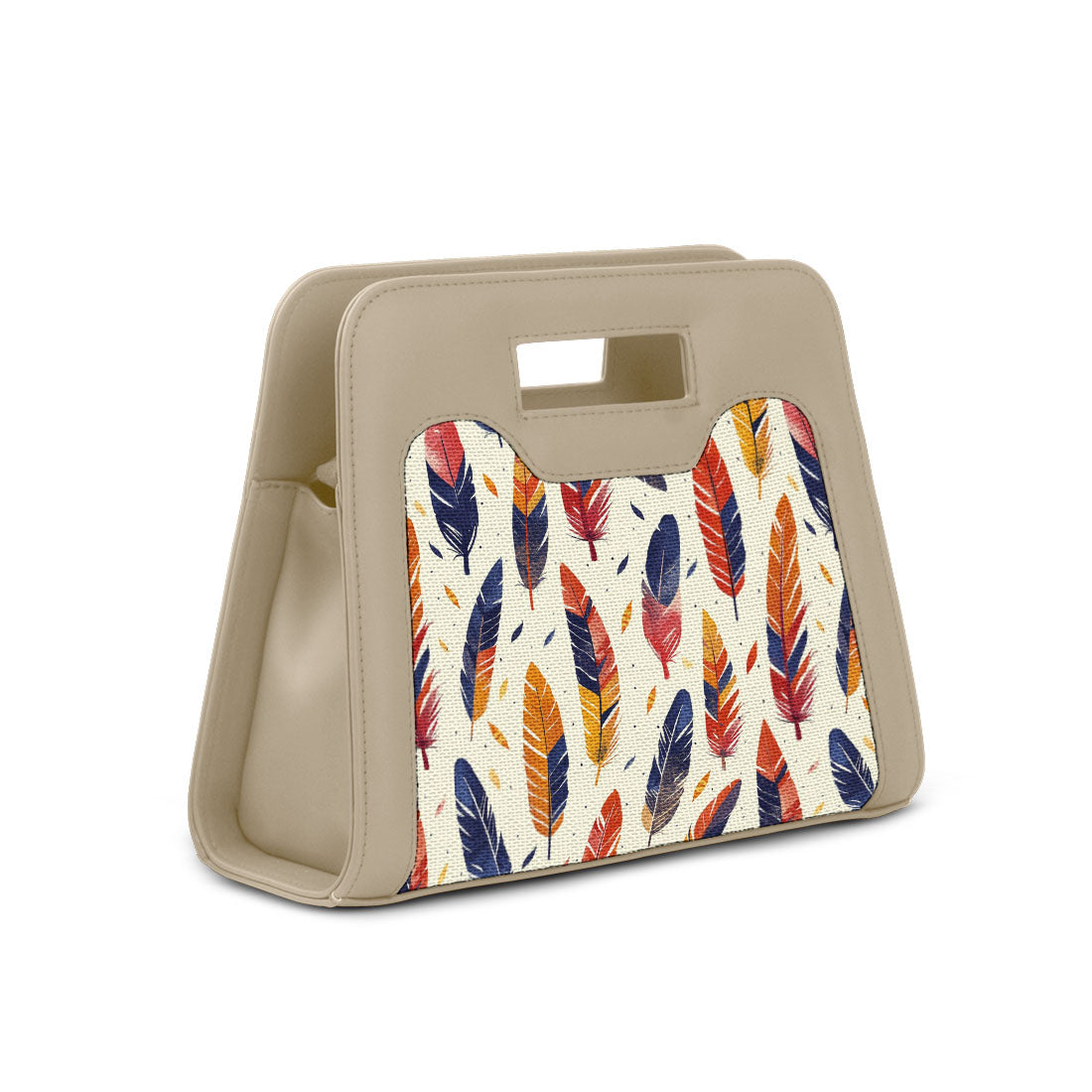 Beige Chic Peek Handbag Feathers Pattern