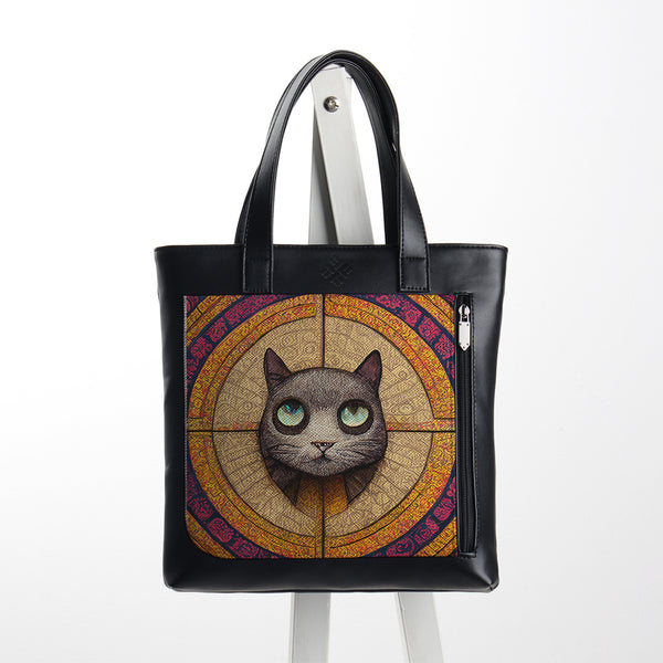 Leather Tote bag  Mandala Cat - 1