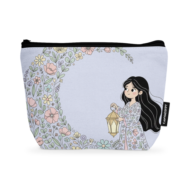 Makeup Pouch Ramadan 2026 Cute Girl with Floral Crescent Moon Fanous - 1