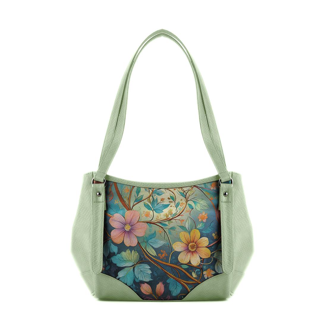Mint Green Leather Tote Bag flowers - CANVAEGYPT