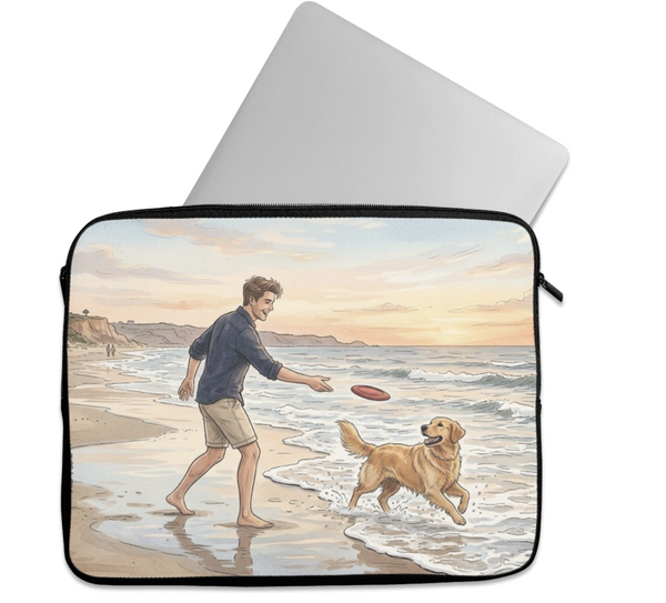 Laptop Sleeve A Young Man And His Happy Dog Playing With Frisbee Sunset Beach - 1