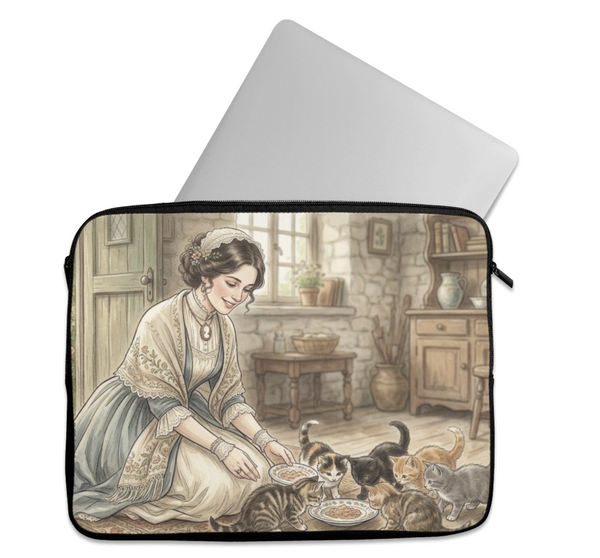 Laptop Sleeve Vintage Cottagecore Cat Lady Feeding Kittens Aesthetic - 1