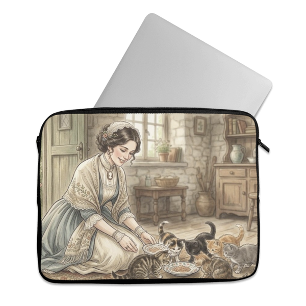 Laptop Sleeve Vintage Cottagecore Cat Lady Feeding Kittens Aesthetic