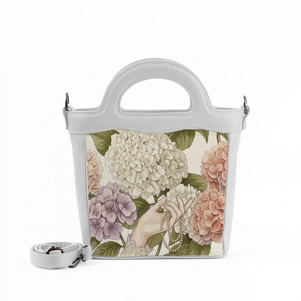 White Top Handle Handbag Vintage Hydrangea Botanical Illustration with Pearls - 1