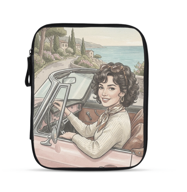 Tablet Sleeve - Vintage Lady driving Pink Convertible Car - 1