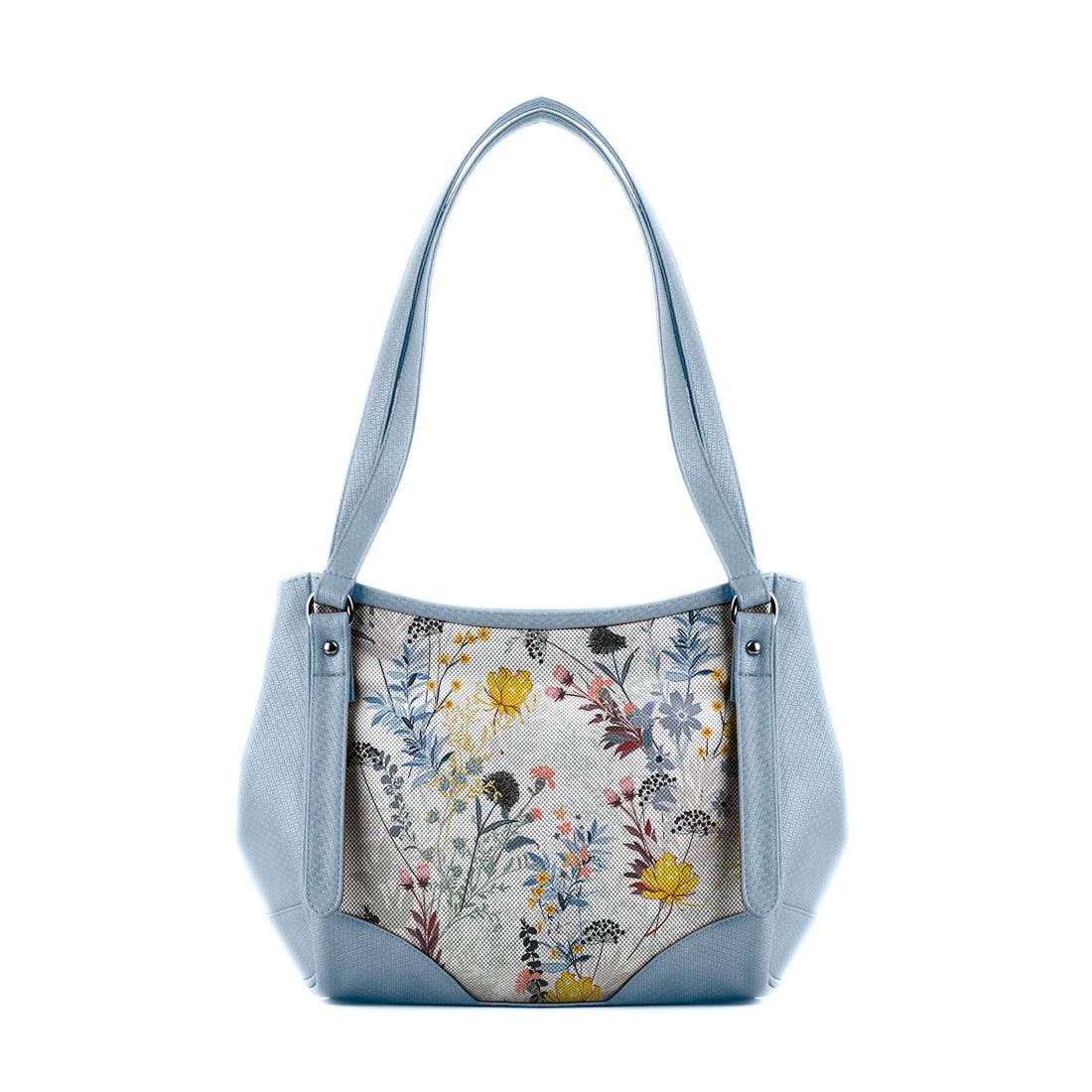 Blue Leather Tote Bag Floary - CANVAEGYPT