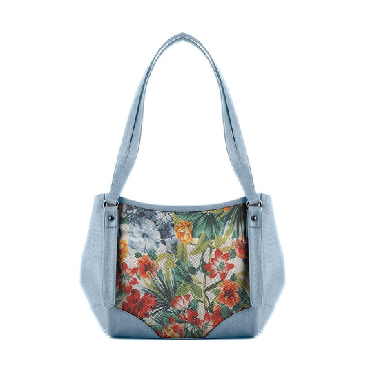 Blue Leather Tote Bag Flowers - CANVAEGYPT