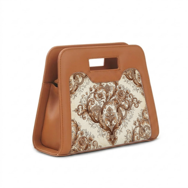 Havana Chic Peek Handbag Vintage Baroque Scrollwork Tan Damask Pattern