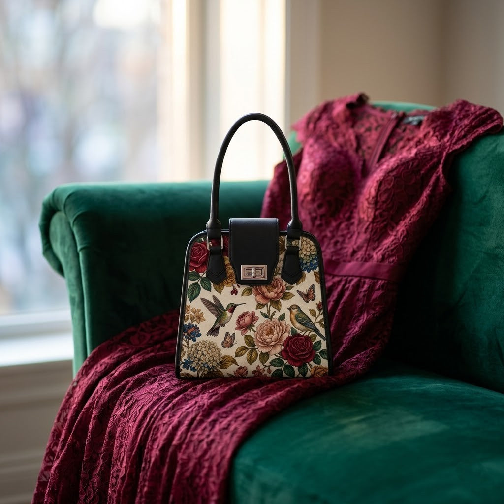 Black Metropolitan Charm Bag Vintage Floral Birds Printed