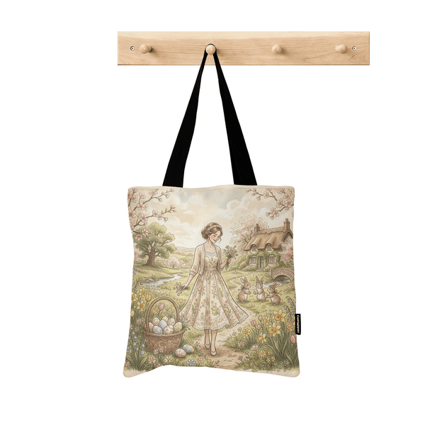 Tote Bag - Vintage Easter Cottagecore Girl and Bunny Meadow - 1