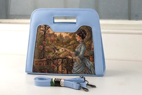 Blue Chic Peek Handbag Vintage Lady Sending Love Letter via Bird
