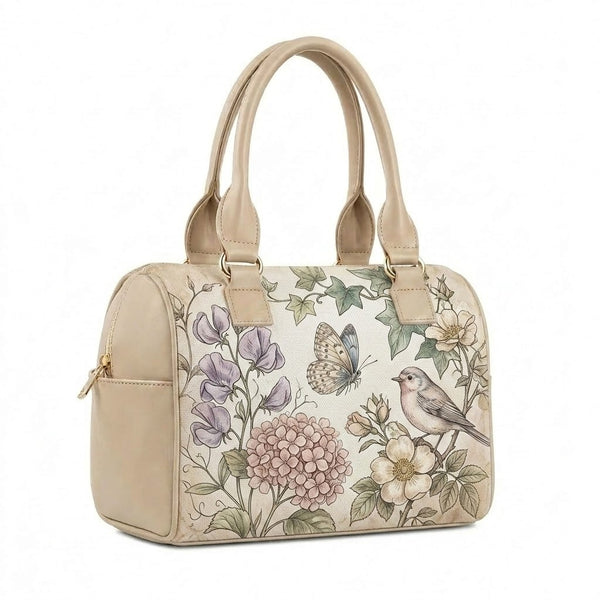 Beige Speedy Bag Vintage Botanical Bird and Floral Illustration