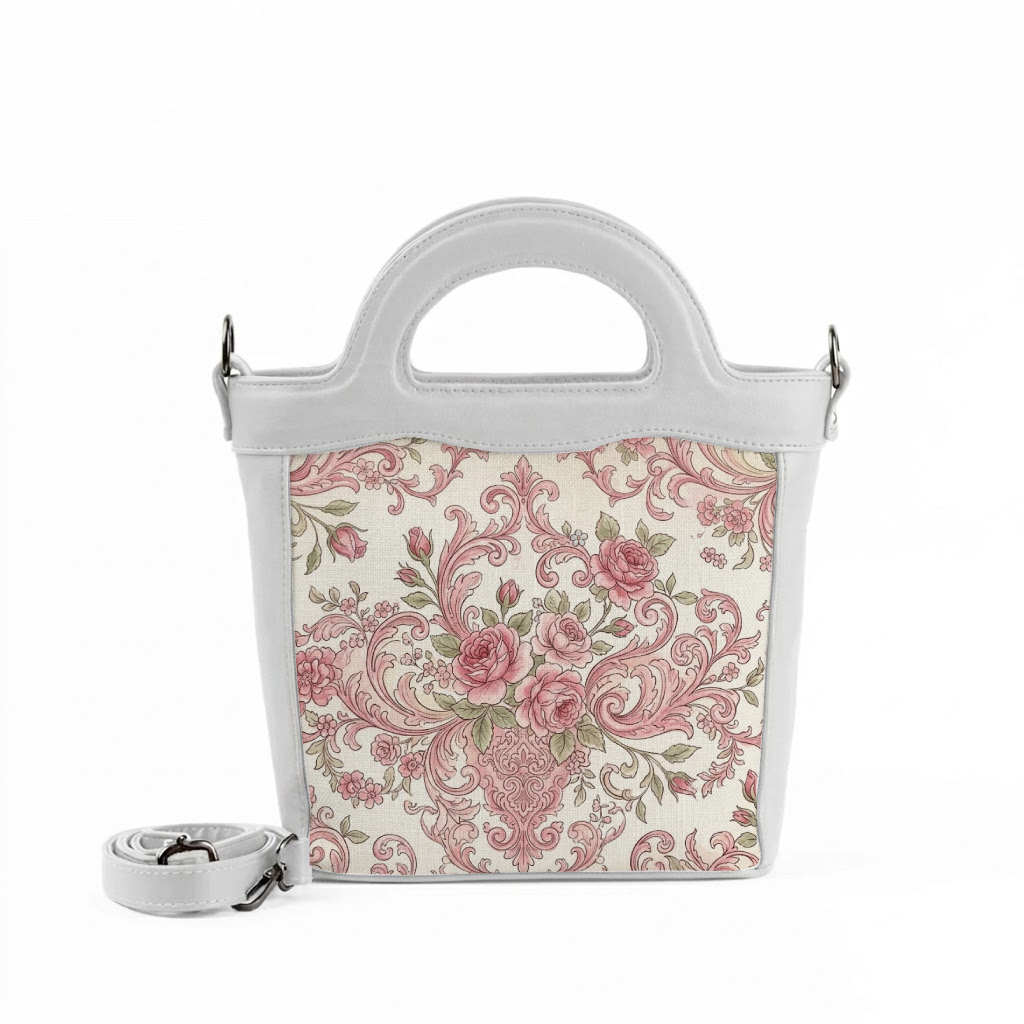 White Top Handle Handbag Vintage Pink Rose Baroque Floral Pattern Design