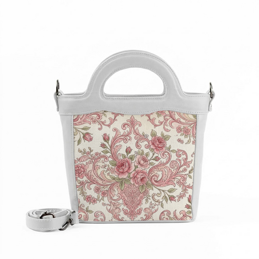 White Top Handle Handbag Vintage Pink Rose Baroque Floral Pattern Design