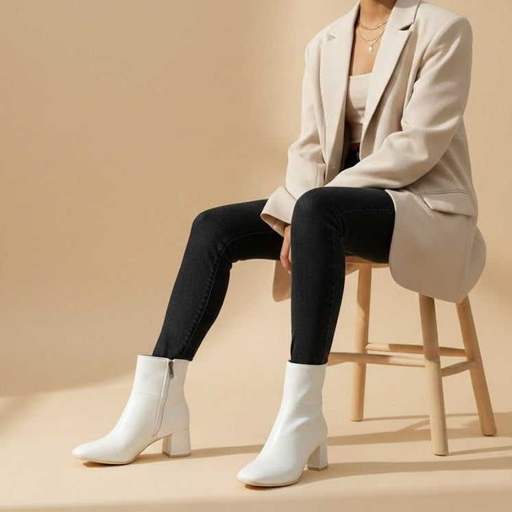 White Taupe Bold Stride Ankle Boots