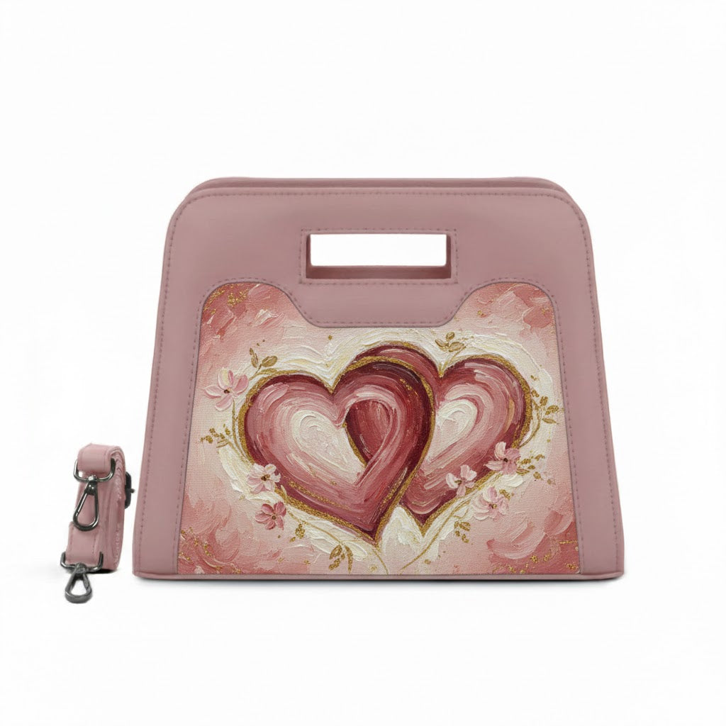 Rose Chic Peek Handbag Textured Impasto Pink Hearts Floral Gold Art - 1