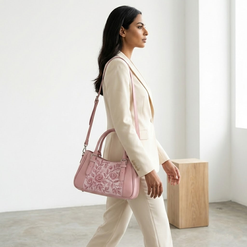 Rose Curve Satchel – Soft Pink Vintage Rose Botanical