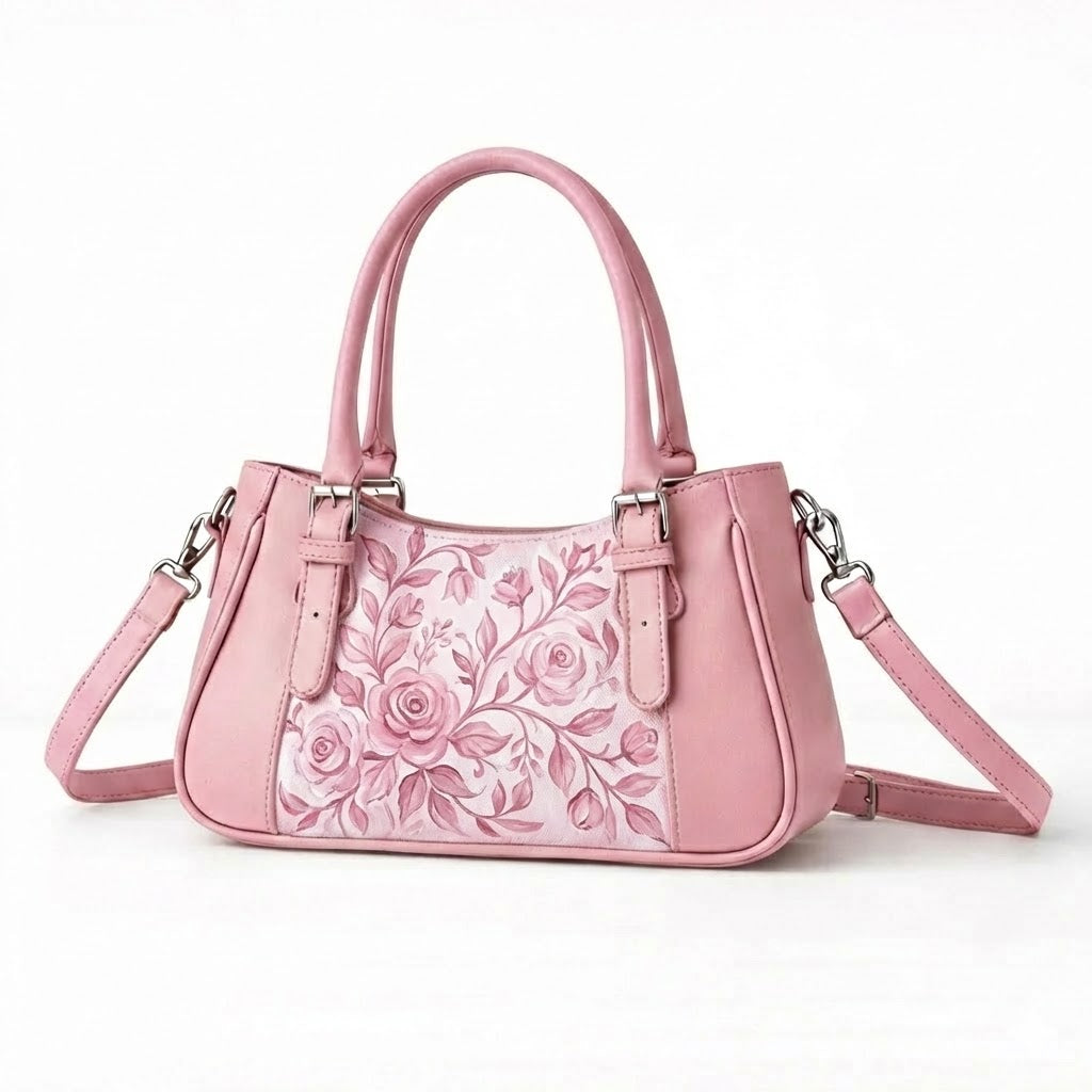 Rose Curve Satchel – Soft Pink Vintage Rose Botanical