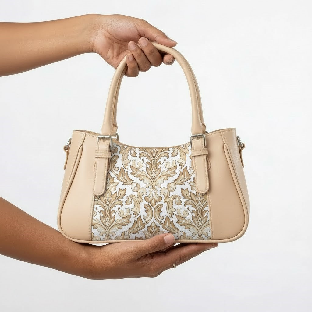 Beige Curve Satchel – Vintage Floral Damask Seamless Pattern