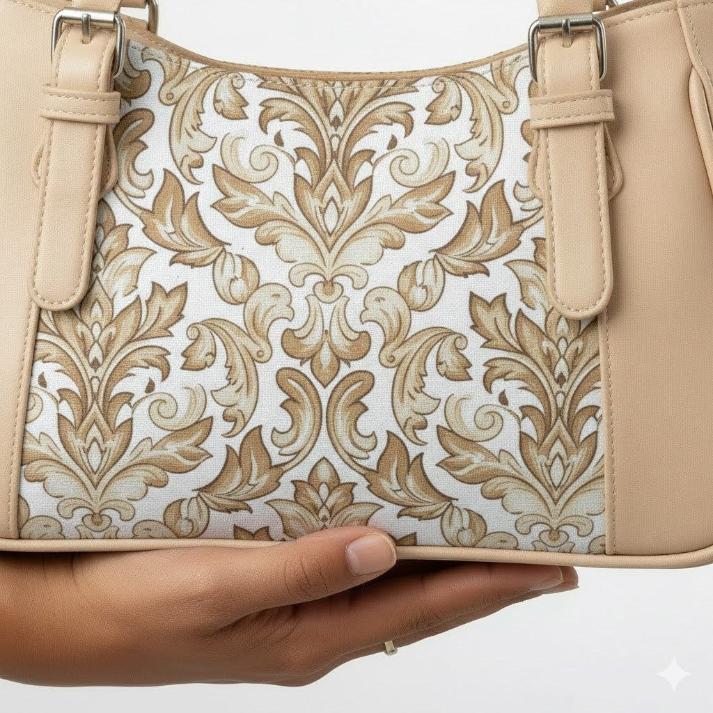 Beige Curve Satchel – Vintage Floral Damask Seamless Pattern