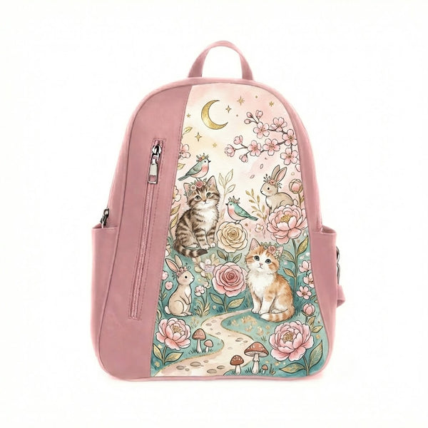 Rose Mixed Backpack Whimsical Watercolor Pastel Kitten and Bunny Floral Art - 1