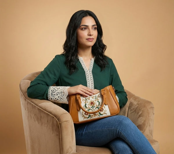 Havana Curve Satchel – Vintage Floral Embroidered Damask - 1