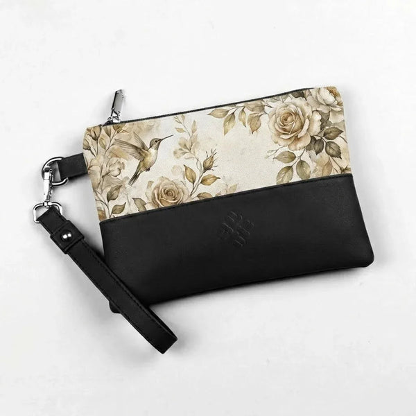 Black Toiletry Pouch Soft Floral Aesthetic Vintage Watercolor Hummingbird Pattern