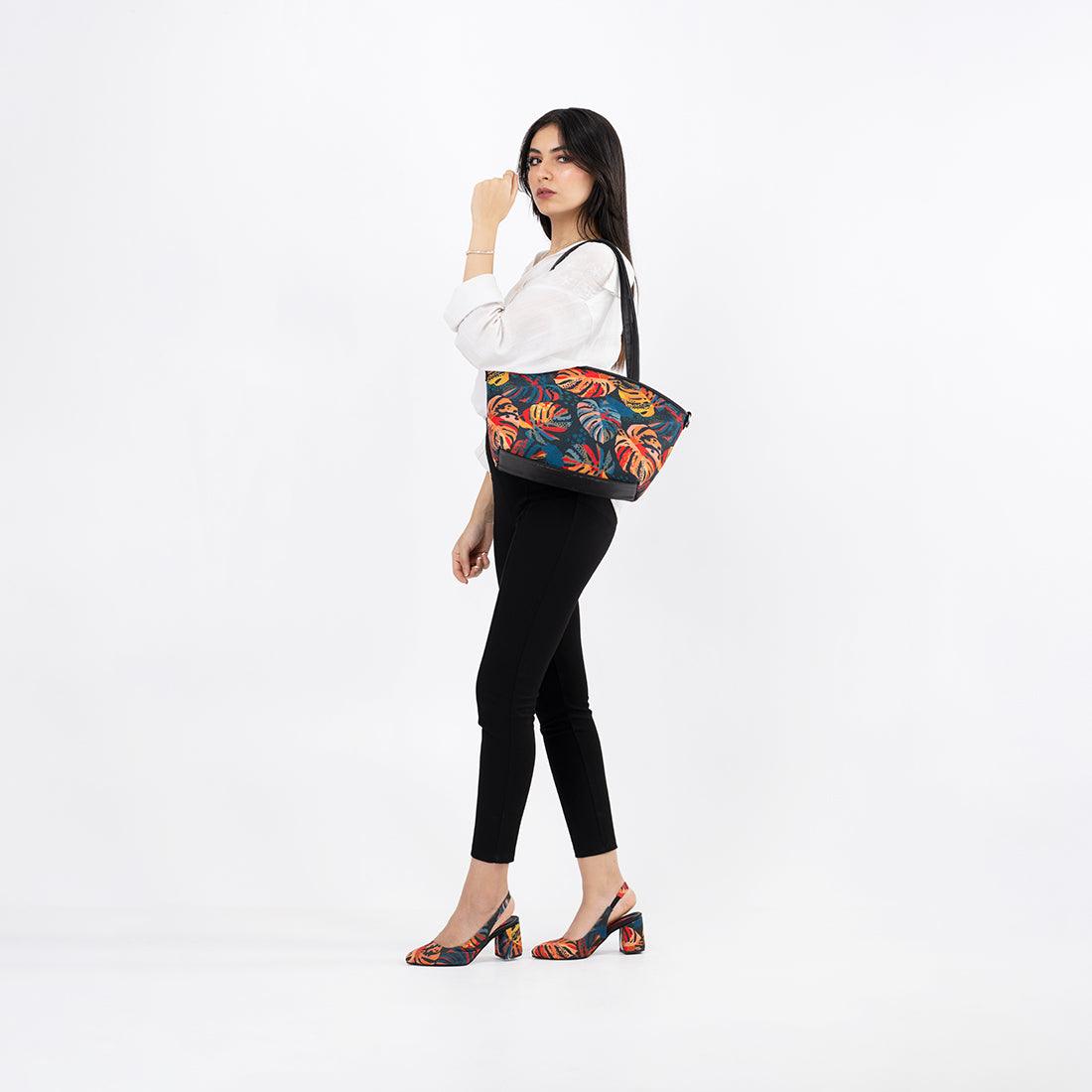 Black Wide Tote Bag Big Leafs - CANVAEGYPT