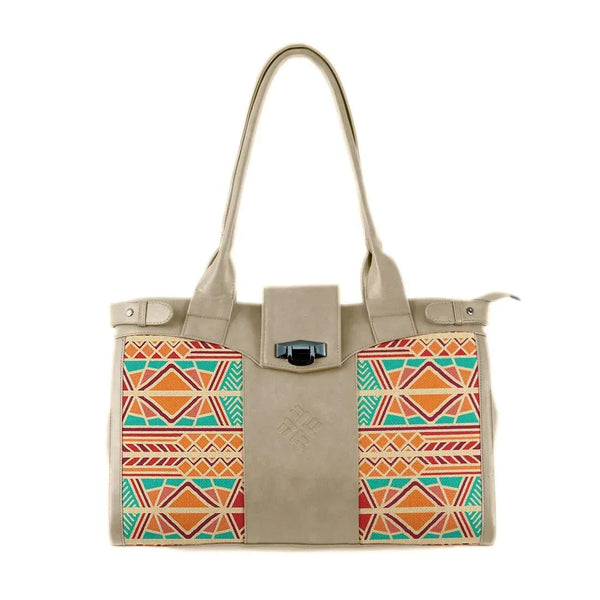 Beige Double Handle Large Bag Abstract Shapes - CANVAEGYPT