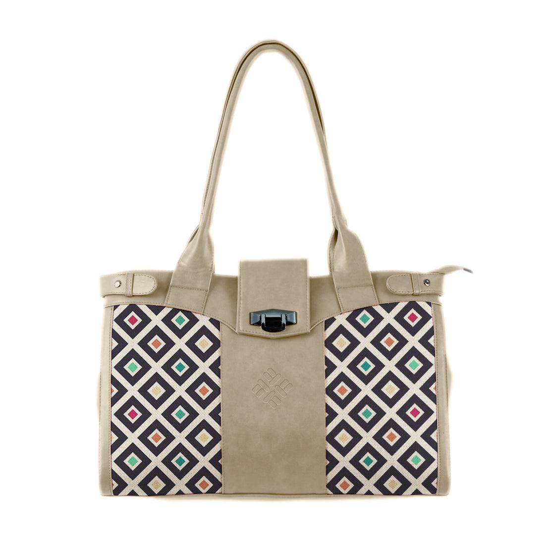 Beige Double Handle Large Bag Color Blocks - CANVAEGYPT