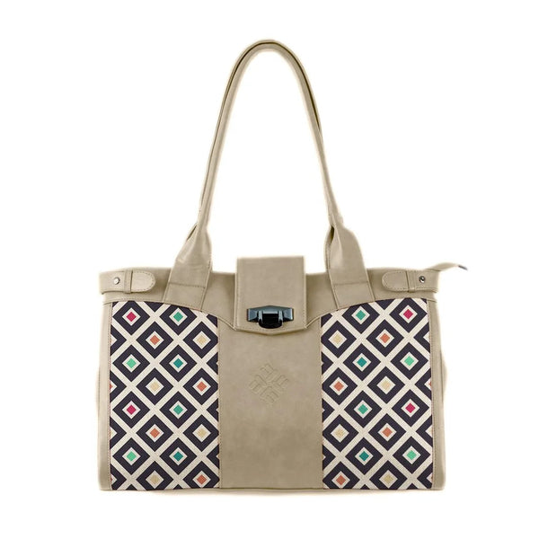 Beige Double Handle Large Bag Color Blocks - CANVAEGYPT