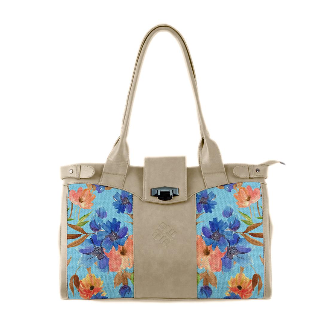 Beige Double Handle Large Bag Floral in blue - CANVAEGYPT