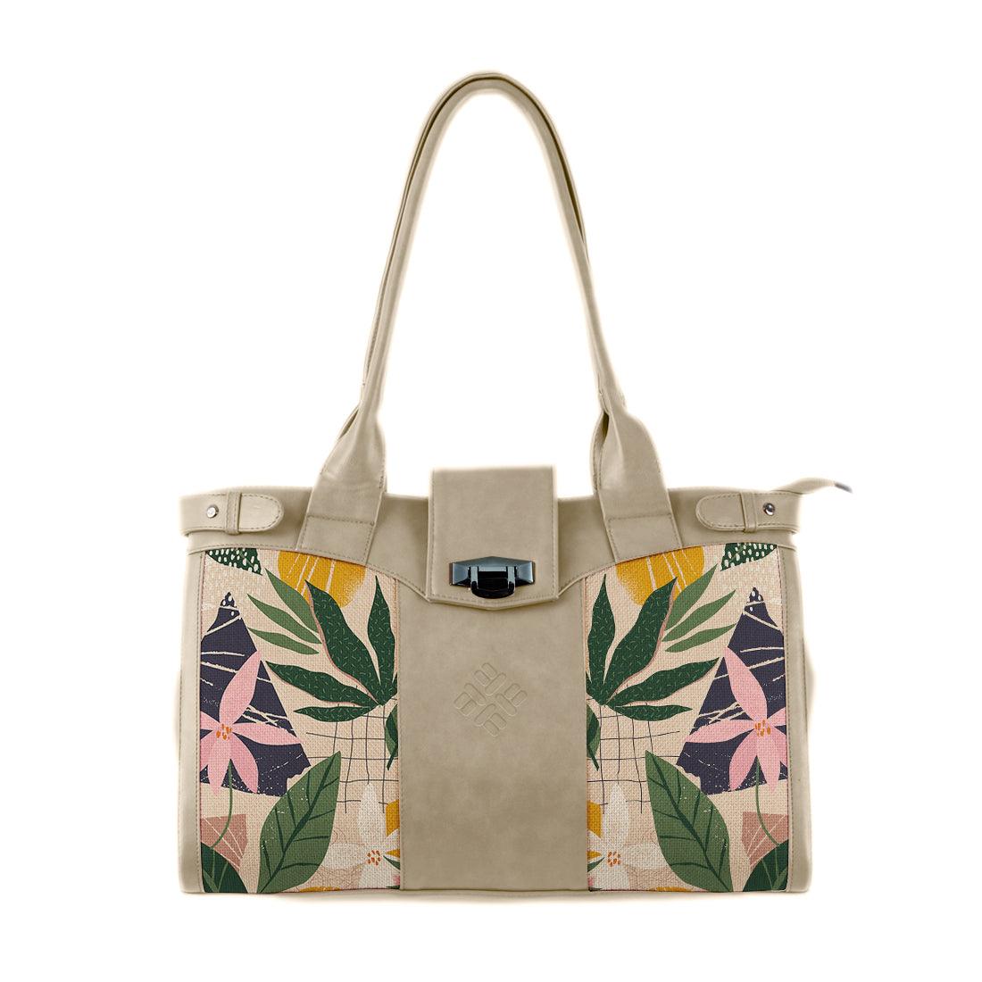 Beige Double Handle Large Bag Leafs - CANVAEGYPT