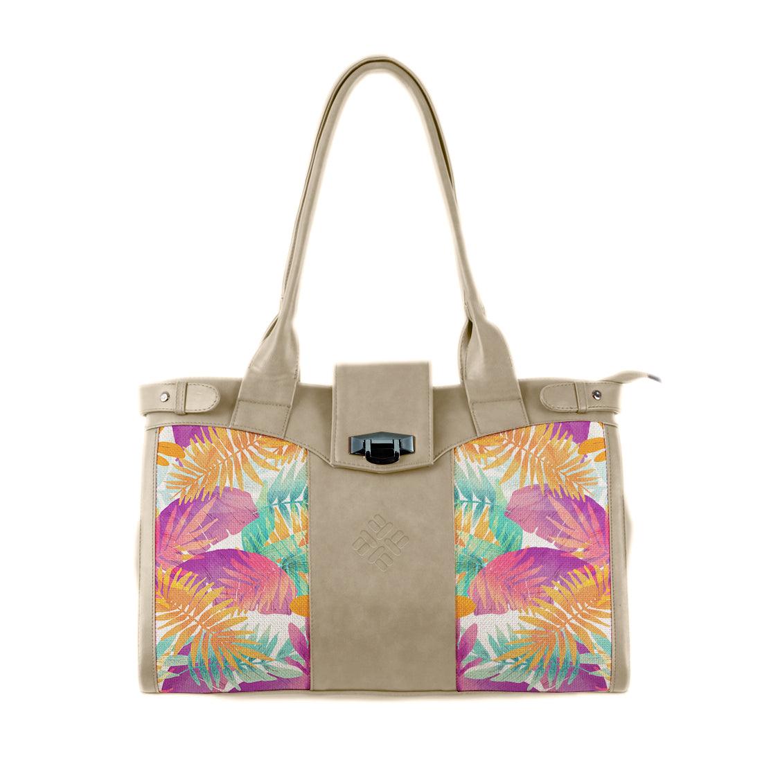 Beige Double Handle Large Bag Summer Leaves - CANVAEGYPT