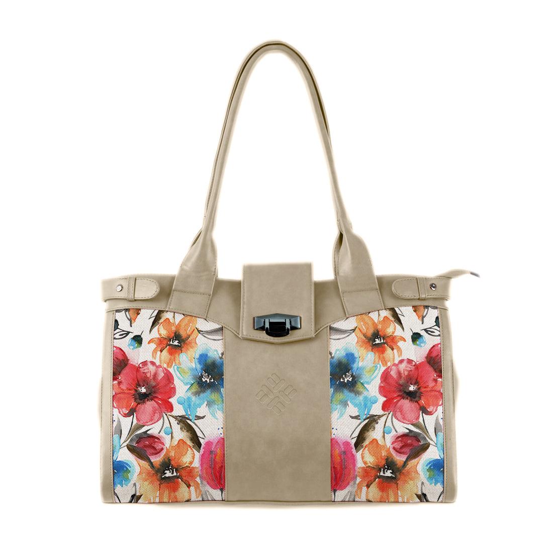 Beige Double Handle Large Bag White Floral - CANVAEGYPT