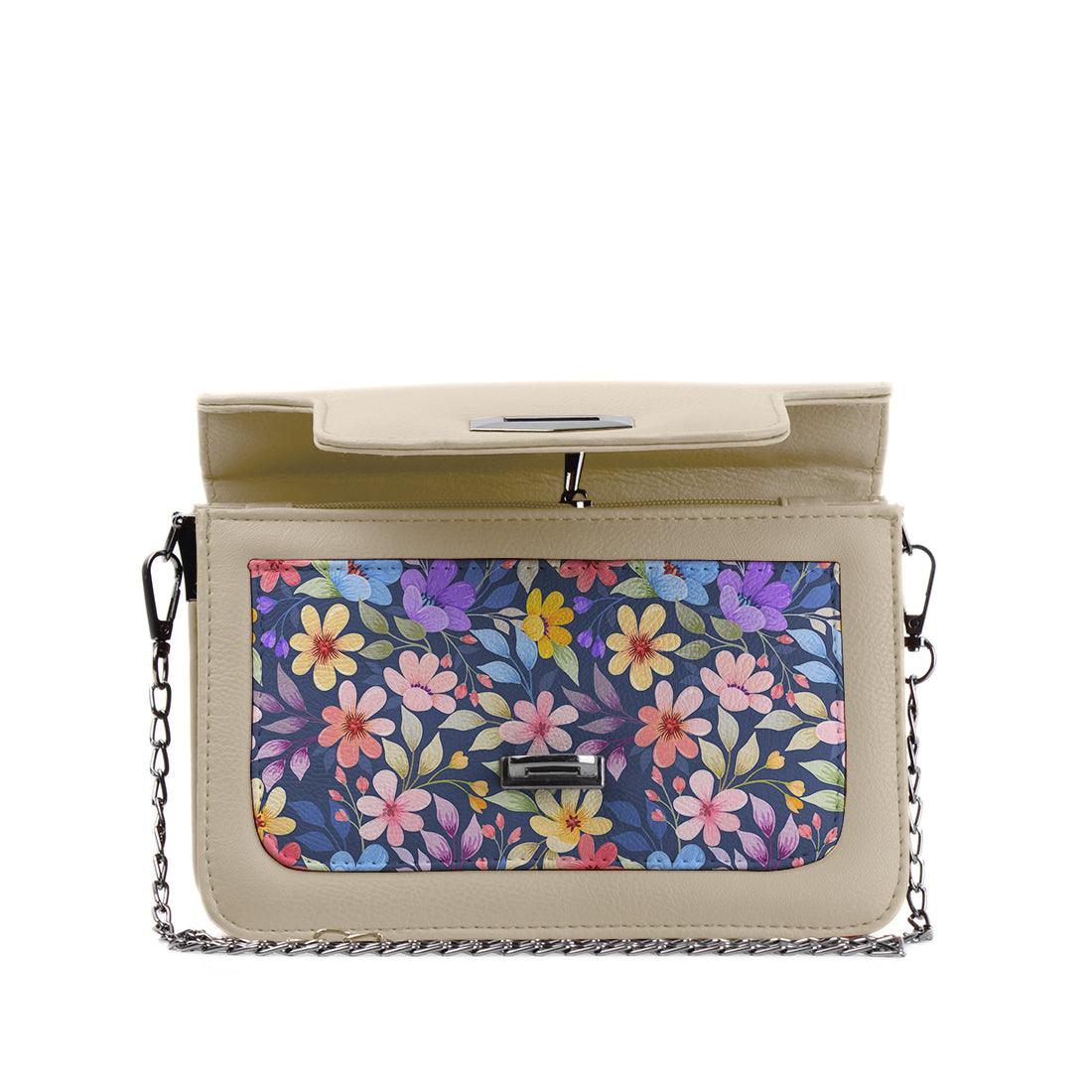 Beige Mini Embossed Chain Bag Purple Floral - CANVAEGYPT